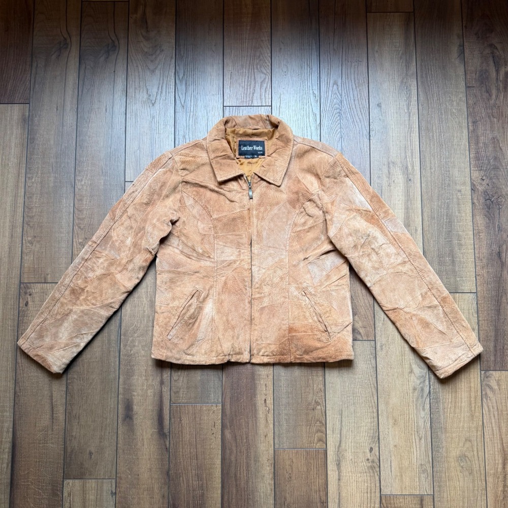 Vtg Leather Works Patchwork Suede Jacket XL Tan Beige Full Zip Boho 90s Western